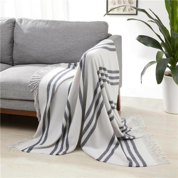 Light Grey Blue Stripe Throw Blanket 50x60 Soft Lightweight Recycled Cozy - Picture 1 of 8